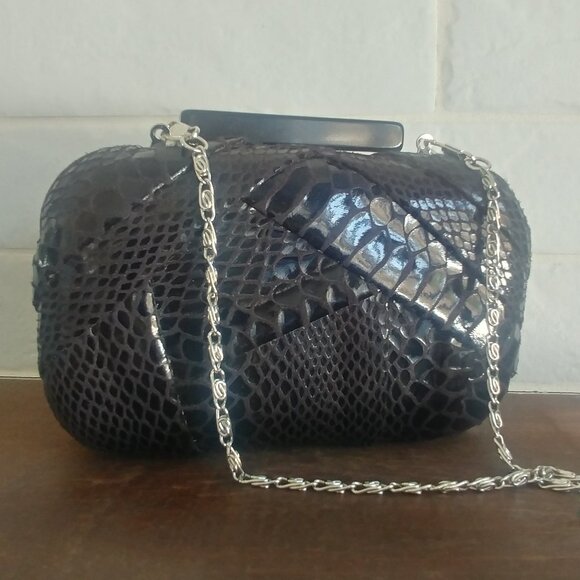 Hard Shell black snakeskin leather look clutch bag silver chain - Picture 1 of 12